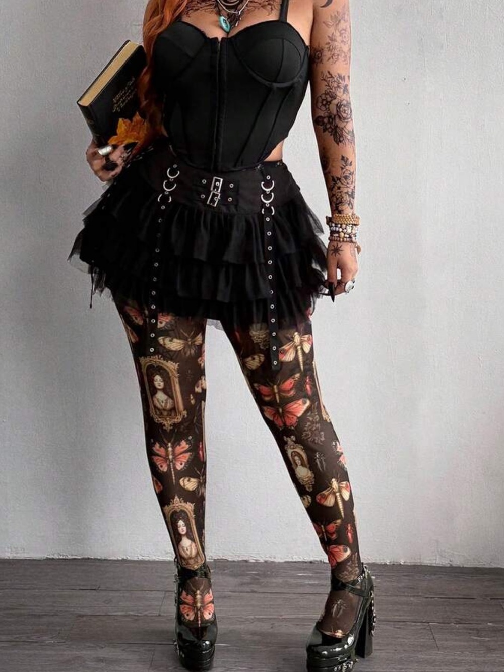 Plus Size Butterfly & Portrait Print Black Leggings